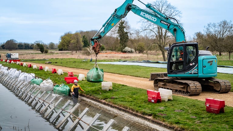 Moat repairs at Oxburgh Estate, Norfolk